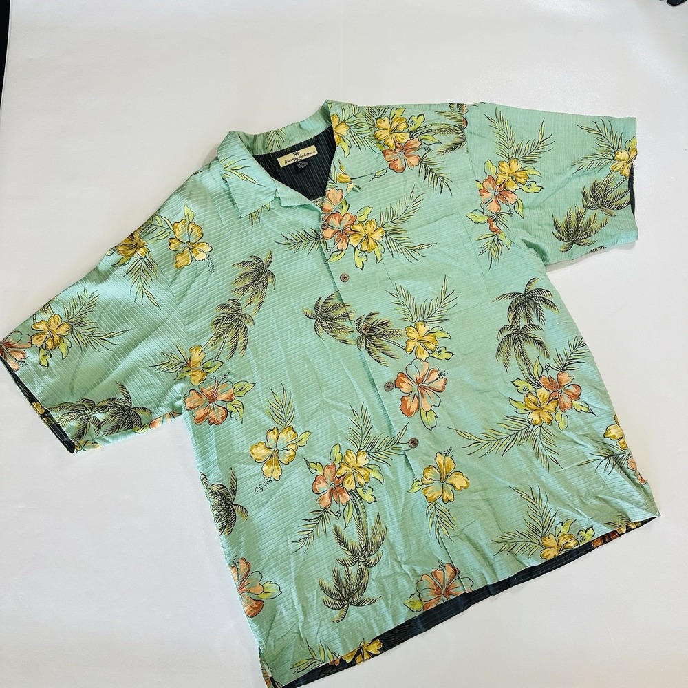 Tommy Bahama Men's Green Floral Hawaiian Lounge Club Cigar Camp Shirt Medium XL